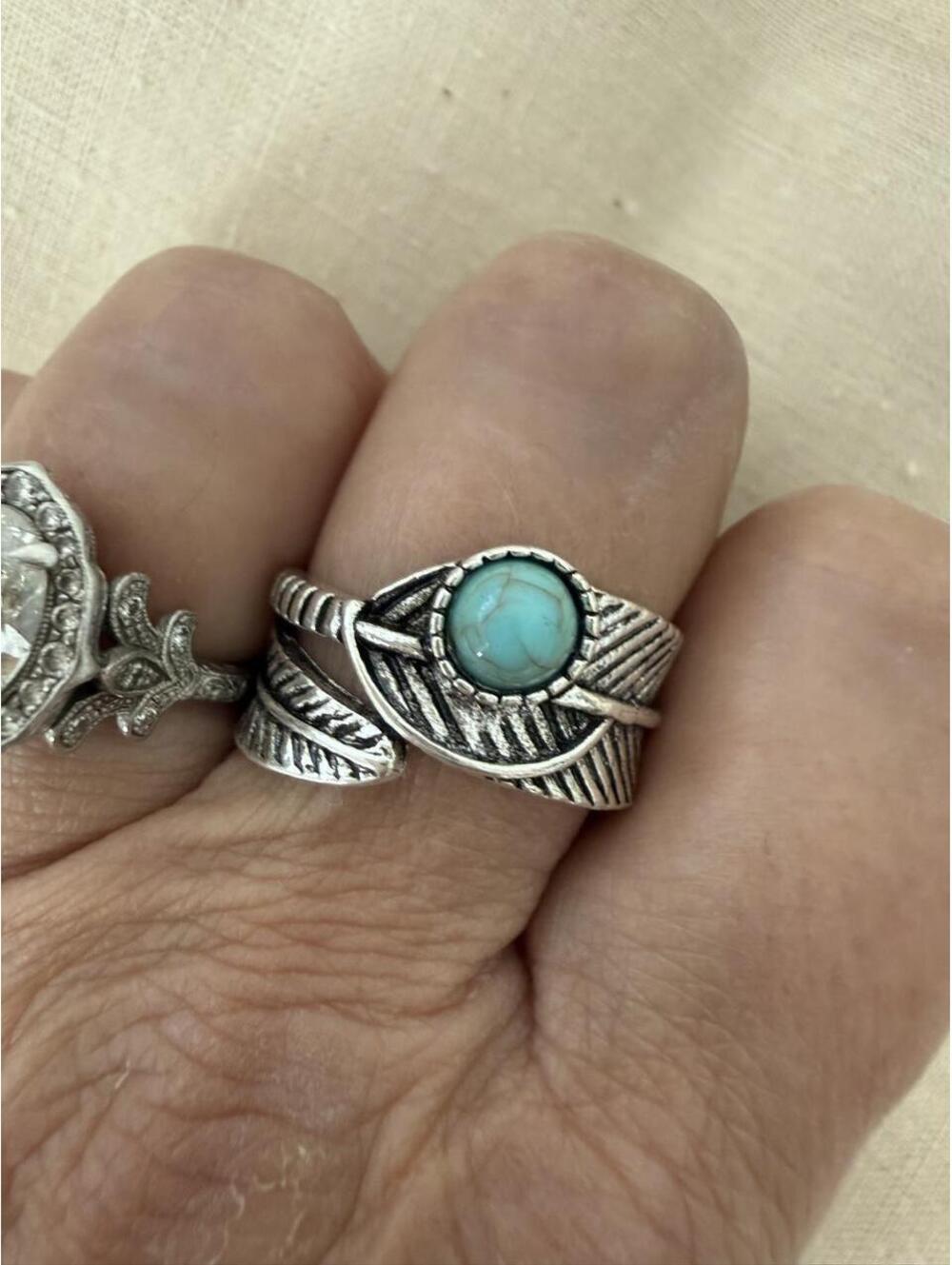 Silver Tone Feather Wrap Ring Turquoise Look Stone Adjustable